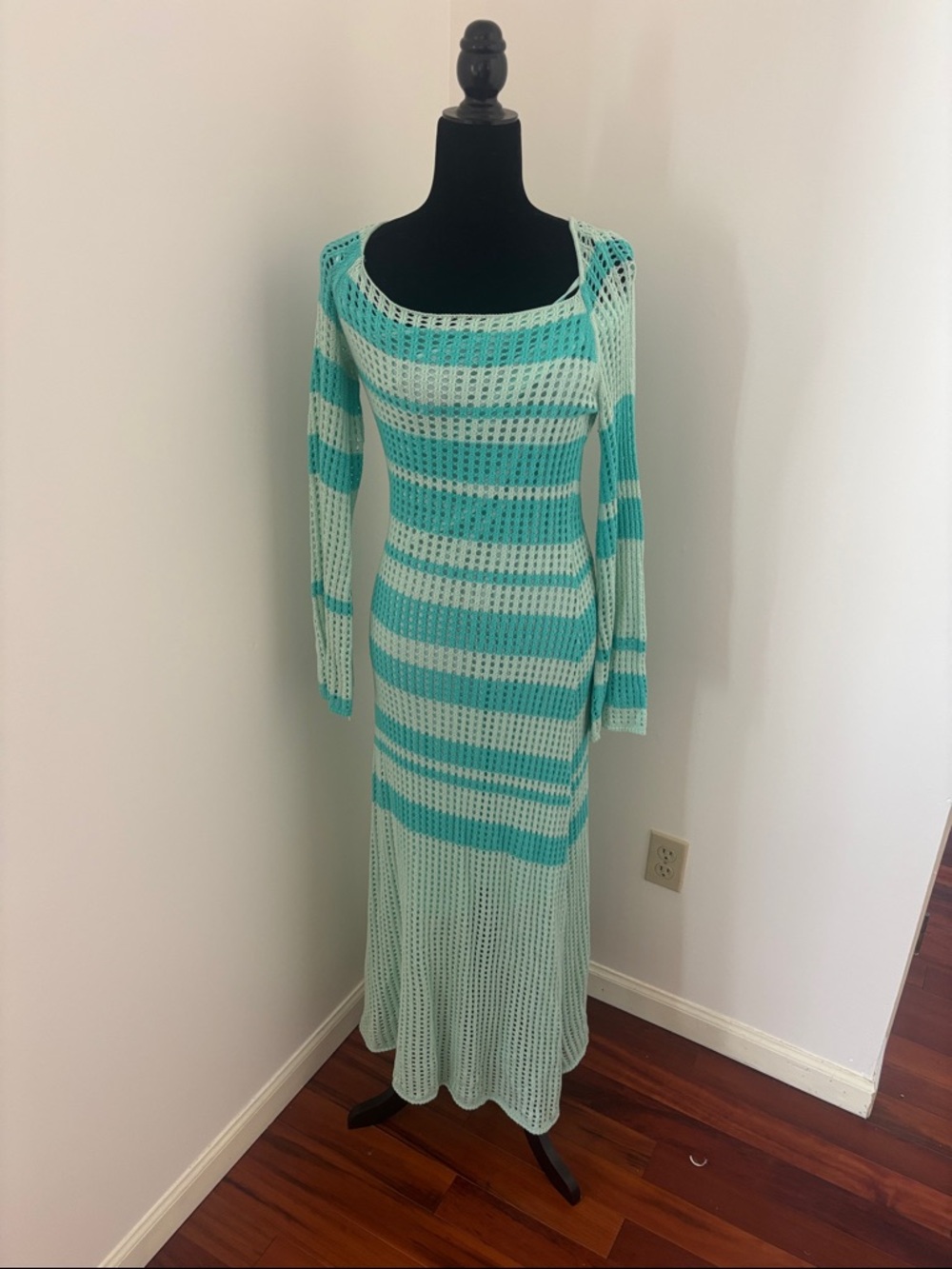 Vici Zariah Stripe Crochet Knit Maxi Dress in Turqoise.